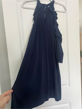 Navy Ruffle-Cold Shoulder Dress - Women's